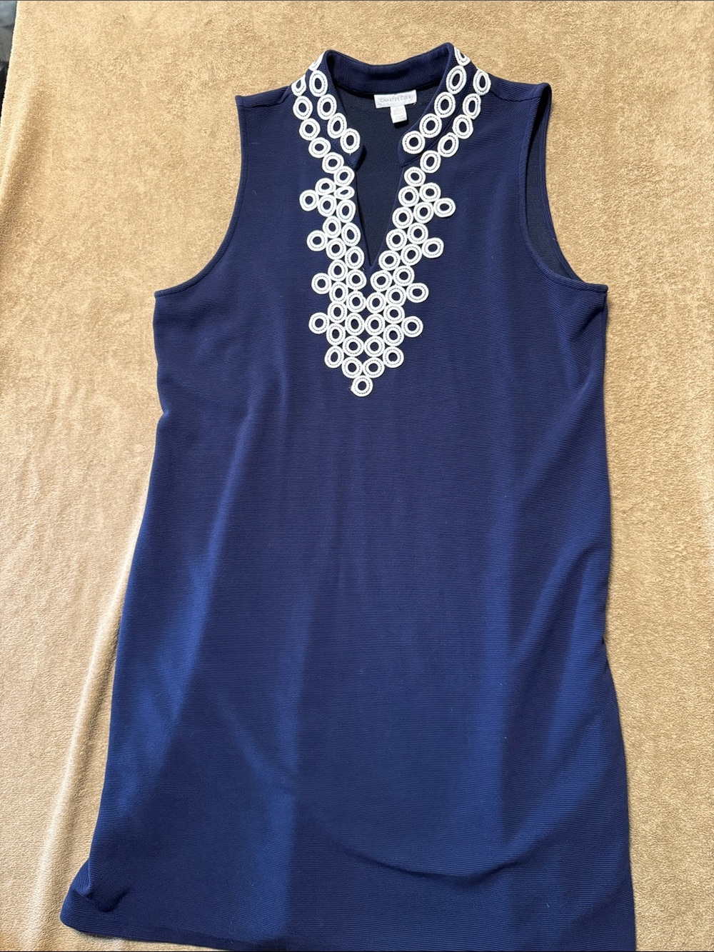 Charter Club Navy Sleeveless Dress with White Embroidered Neckline
